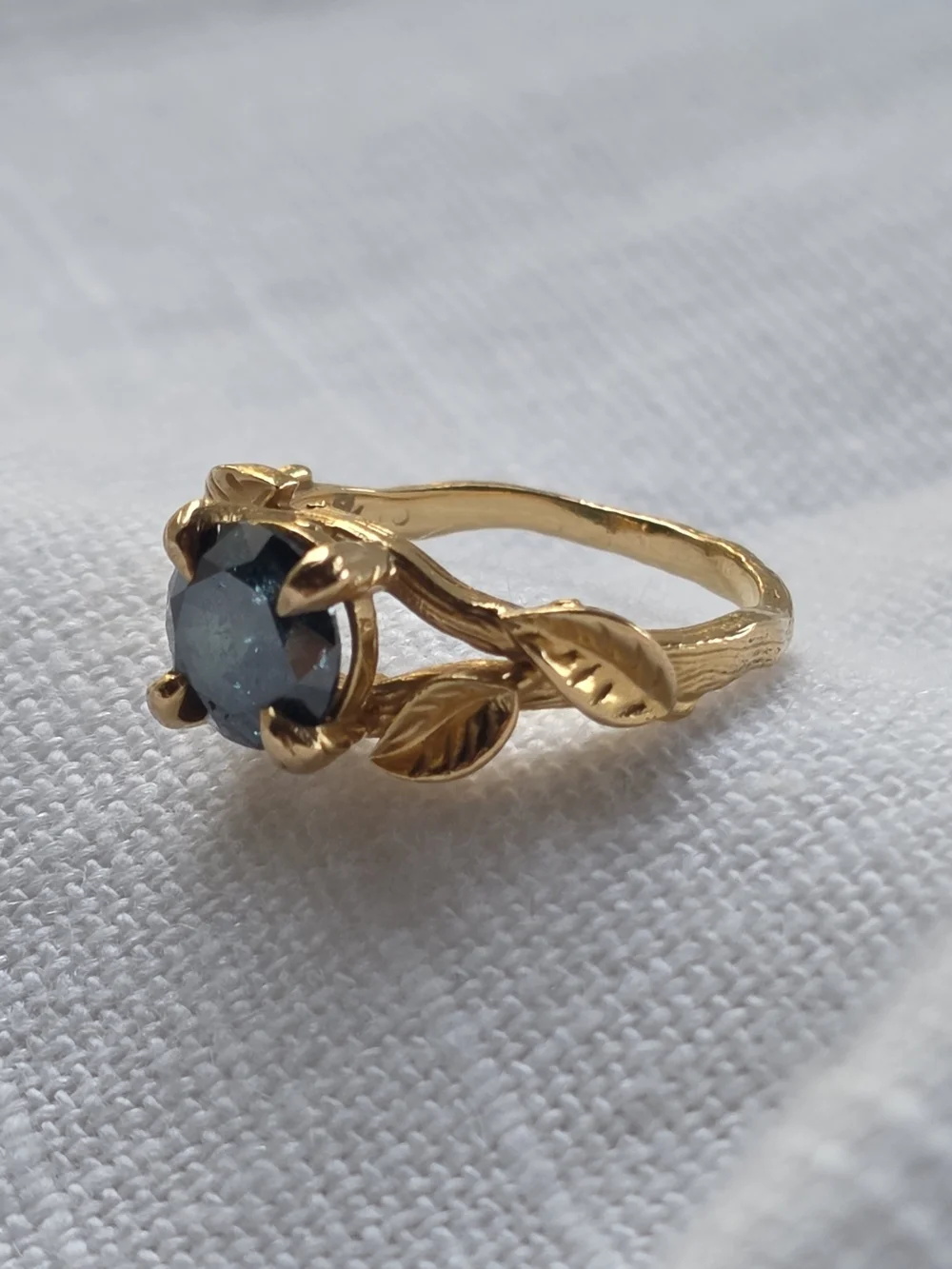Gold Leaf Band Ring with Deep Teal Gemstone